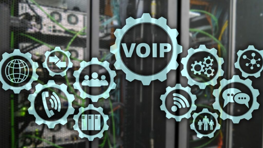 VoIP Voice over IP on the screen with a blur background of the server room. The concept of Voice over Internet Protocol. View more by Funtap