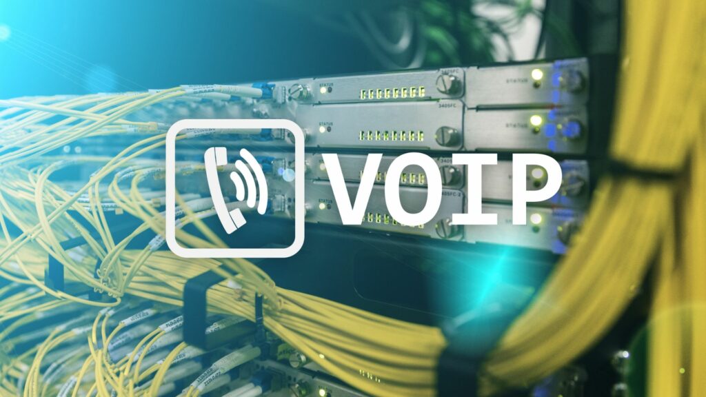 VOIP, Voice over Internet Protocol, technology that allows for speech communication via the Internet. Server room background.