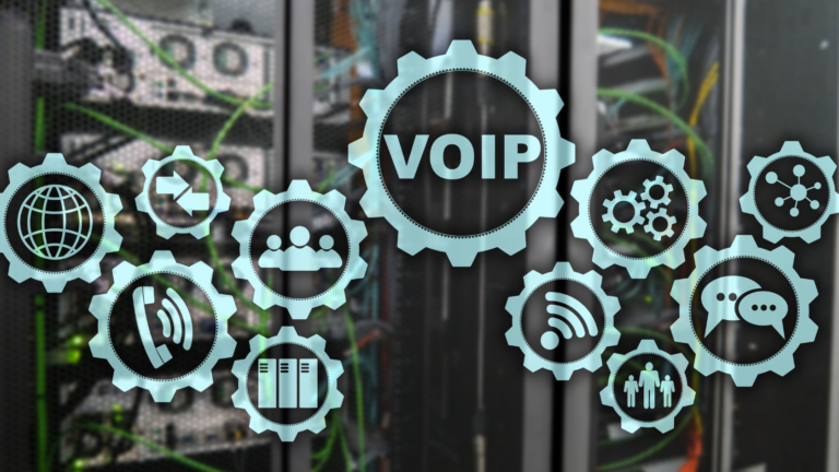 VoIP (Voice over IP) on the screen with a blur background of the server room. The concept of Voice over Internet Protocol.